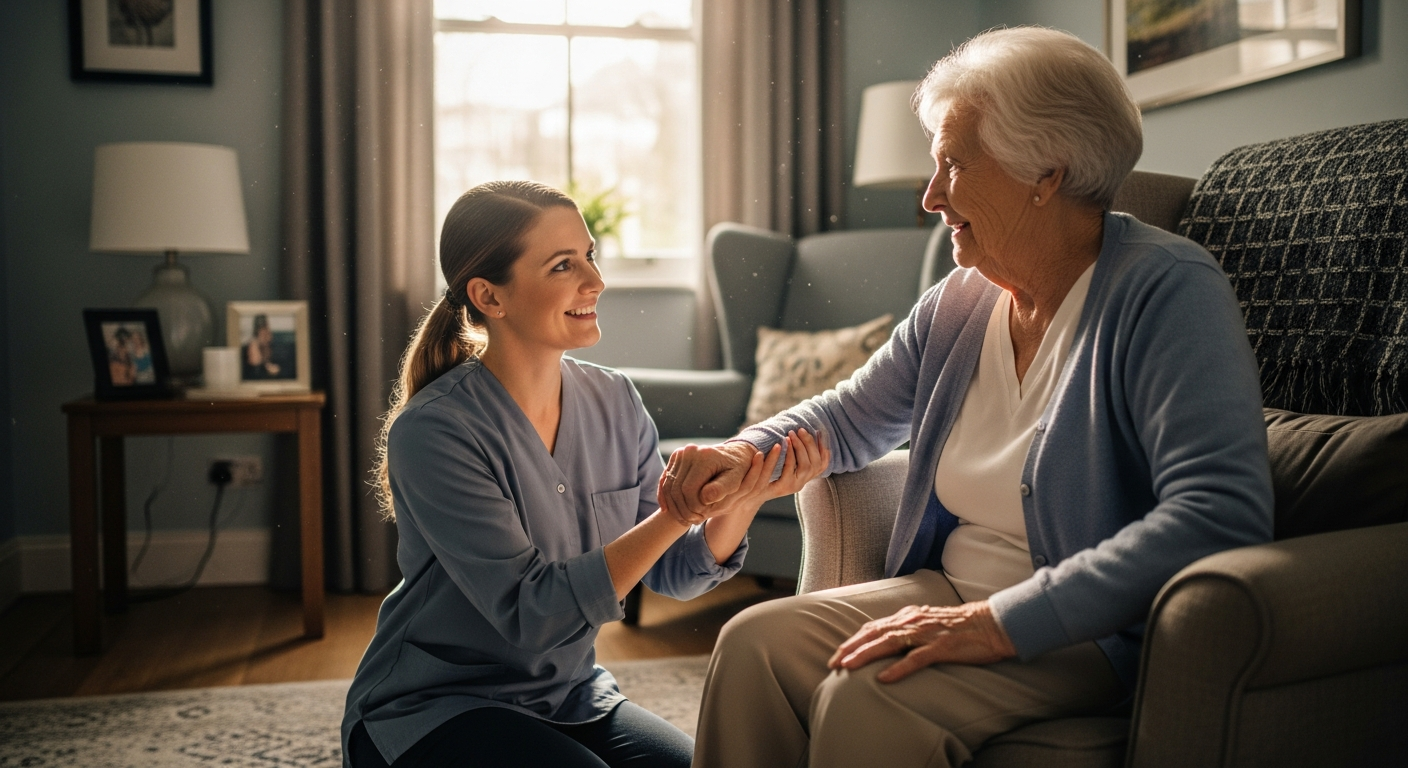 A caregiver warmly helping a senior at home